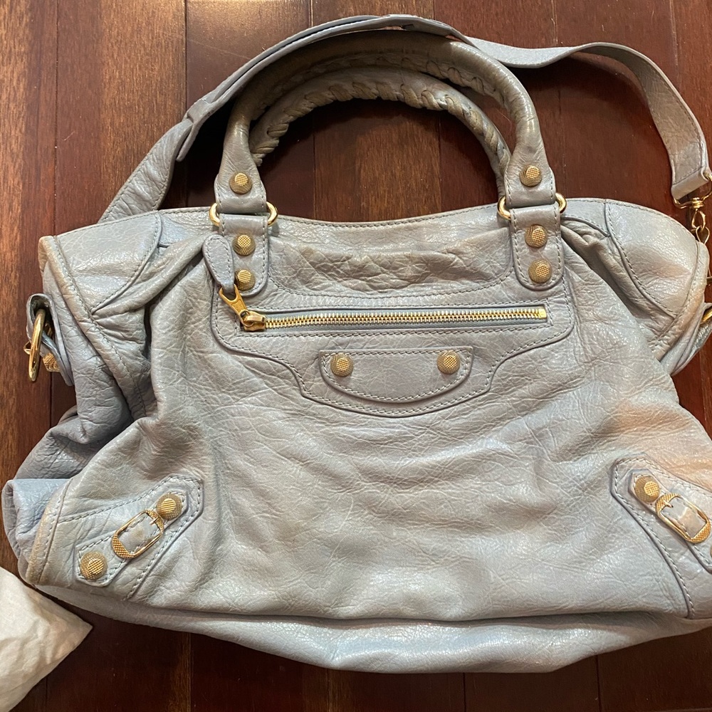 Light blue BALENCIAGA handbag with gold studs